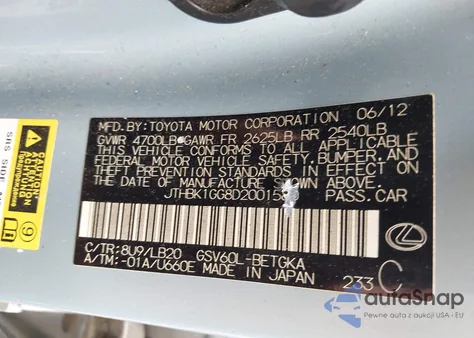 2013 Lexus Es 350 from USA, damaged, VIN JTHBK1GG8D2001580